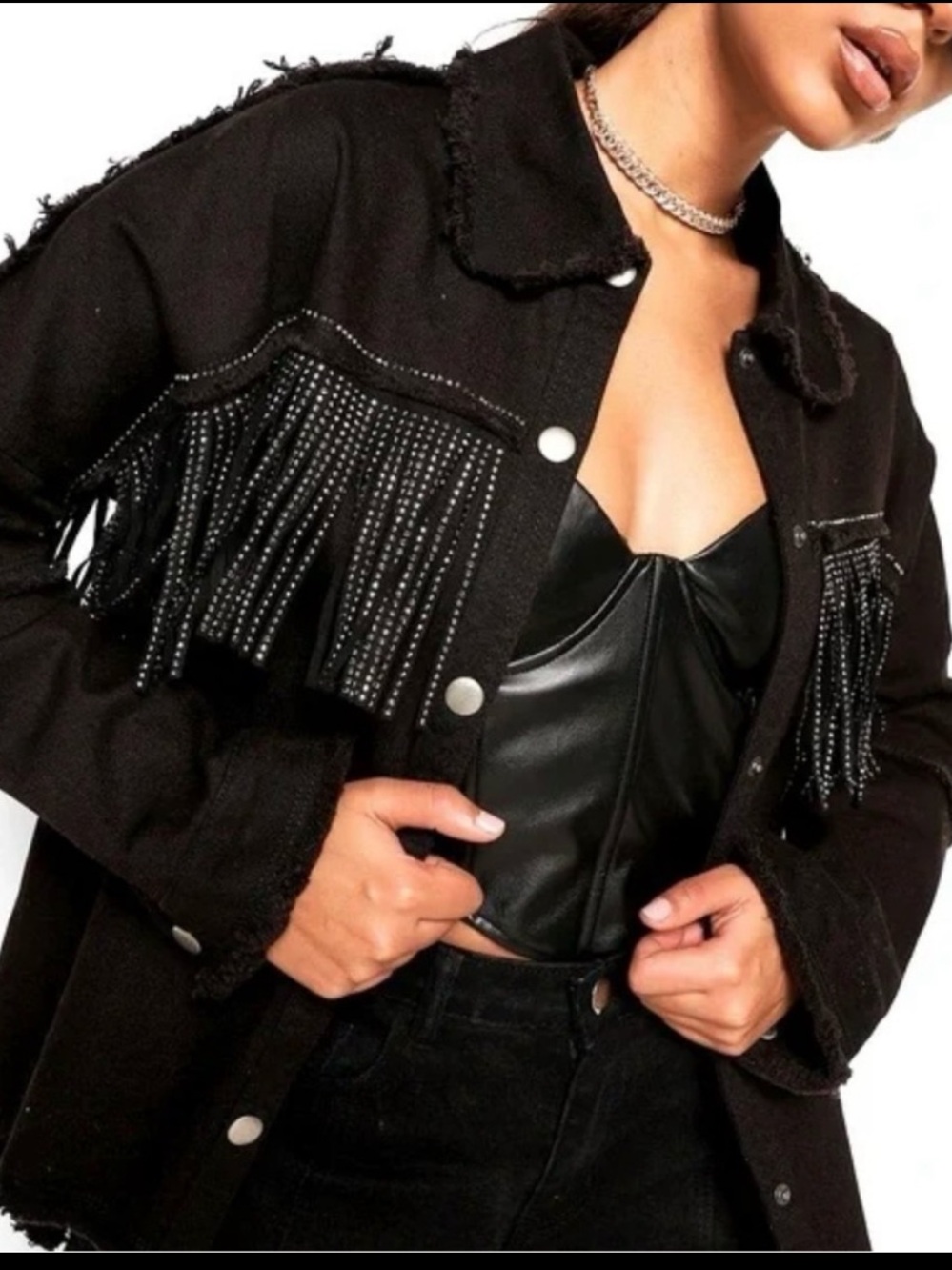 Zara Black Denim Rhinestone Fringe Oversized Jacket Size Small - Picture 10 of 15